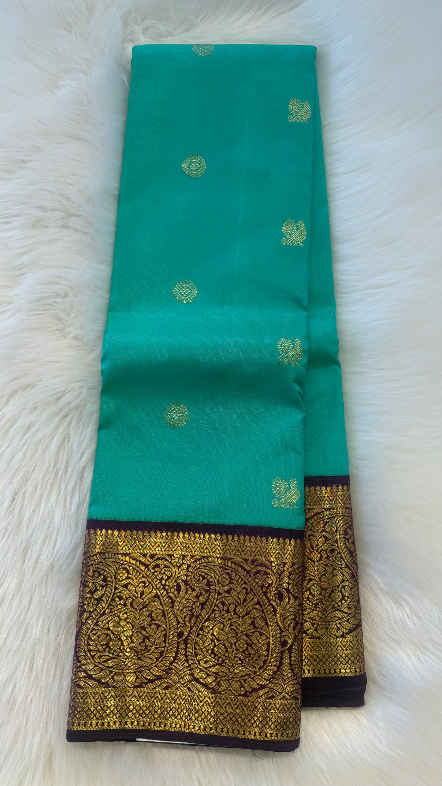 BRIGHT TEAL WITH CONTRAST PURPLE GOLD ZARI HANDLOOM KANCHIPURAM SILK SAREE (KSS478)