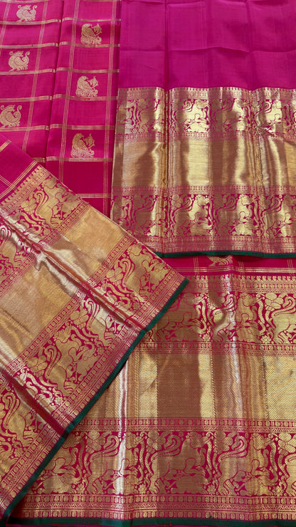 DUAL TONE PINK CHECKED GOLD ZARI HANDLOOM KANICHIPURAM SILK SAREE (KSS274)