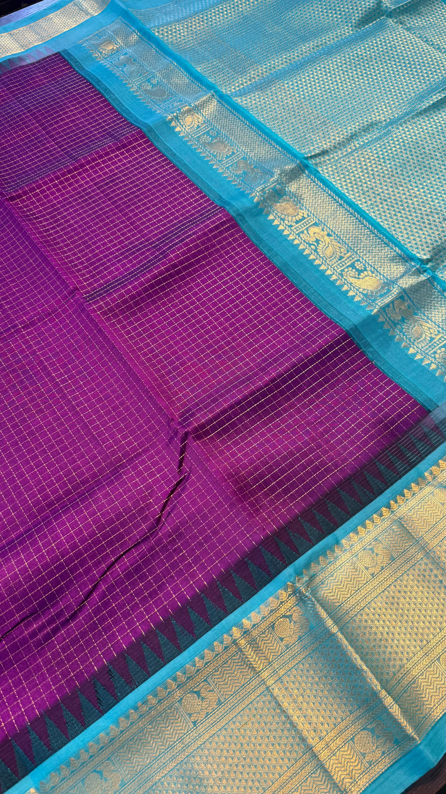 CHECKED PALATINATE PURPLE WITH CONTRAST TURQUOISE KANCHIPURAM SILK COTTON (KSC144)
