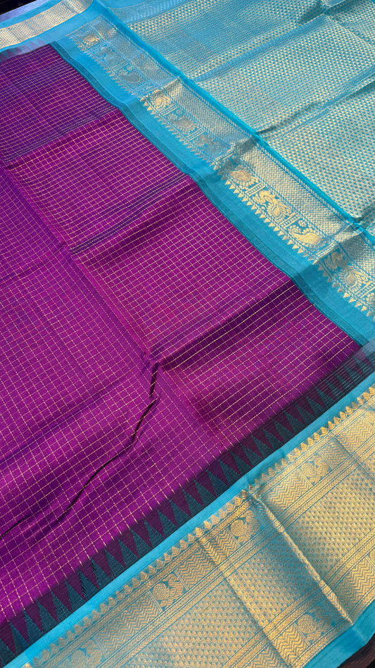 CHECKED PALATINATE PURPLE WITH CONTRAST TURQUOISE KANCHIPURAM SILK COTTON (KSC144)