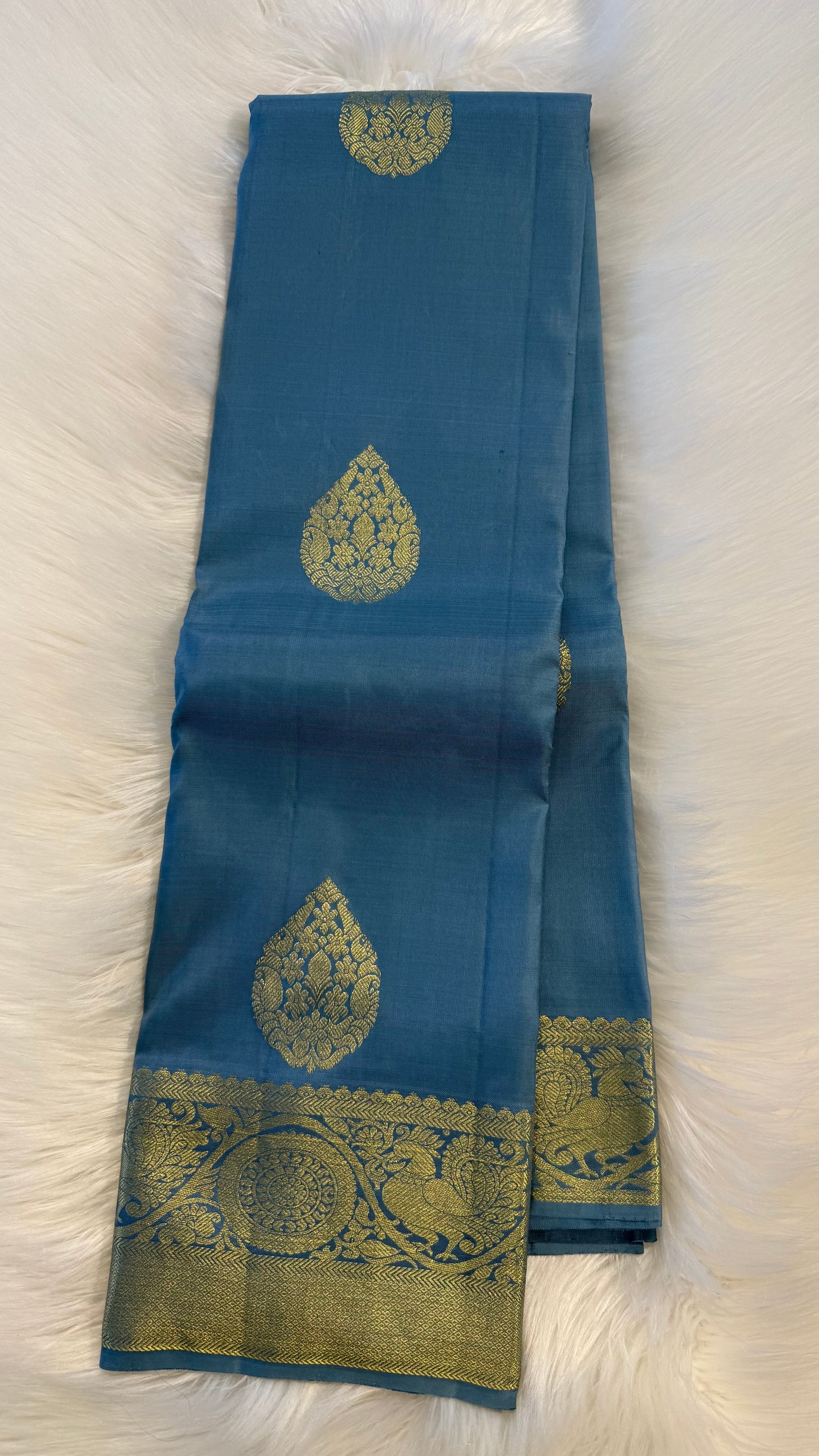 SATIN SOFT BLUE GOLD ZARI HANDLOOM KANCHIPURAM SILK SAREE (KSS355)