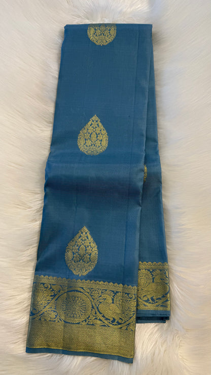 SATIN SOFT BLUE GOLD ZARI HANDLOOM KANCHIPURAM SILK SAREE (KSS355)