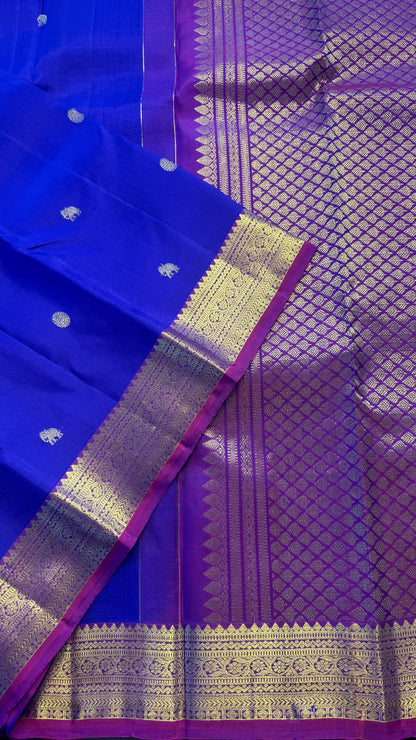 INDIGO WITH CONTRAST VADAMALLI PURPLE GOLD ZARI HANDLOOM KANCHIPURAM SILK SAREE (KSS334)