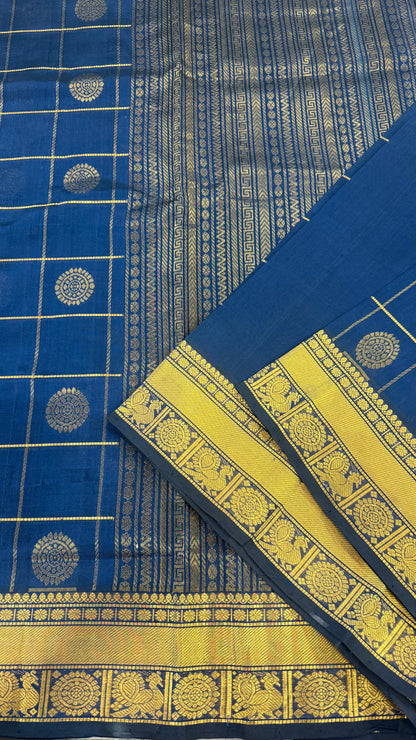 DARK ELECTRICAL BLUE KATTAM KANCHIPURAM SILK COTTON (KSC86)