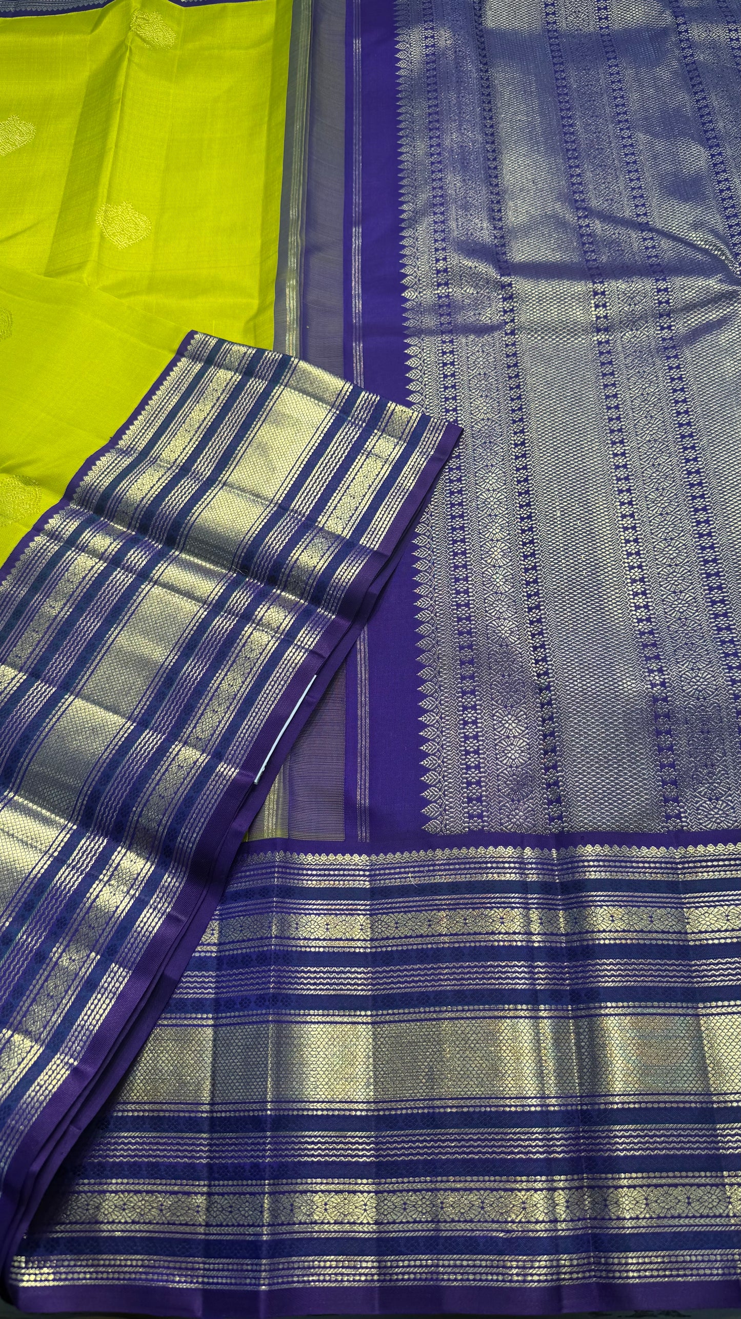 LIME YELLOW WITH CONTRAST PURPLE GOLD ZARI HANDLOOM KANCHIPURAM SILK SAREE (KSS448)