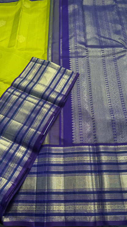 LIME YELLOW WITH CONTRAST PURPLE GOLD ZARI HANDLOOM KANCHIPURAM SILK SAREE (KSS448)
