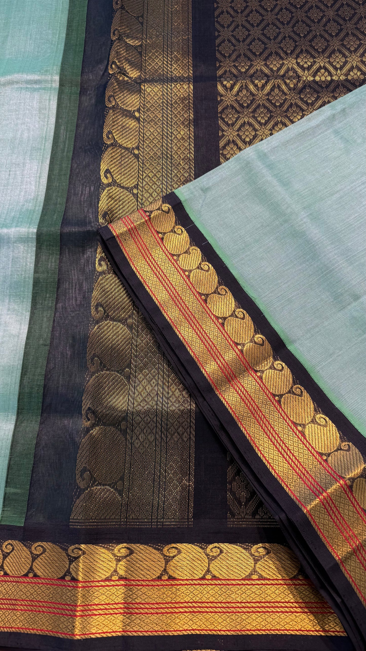 SAGE GREEN WITH CONTRAST BLACK KANCHIPURAM SILK COTTON (KSC19)