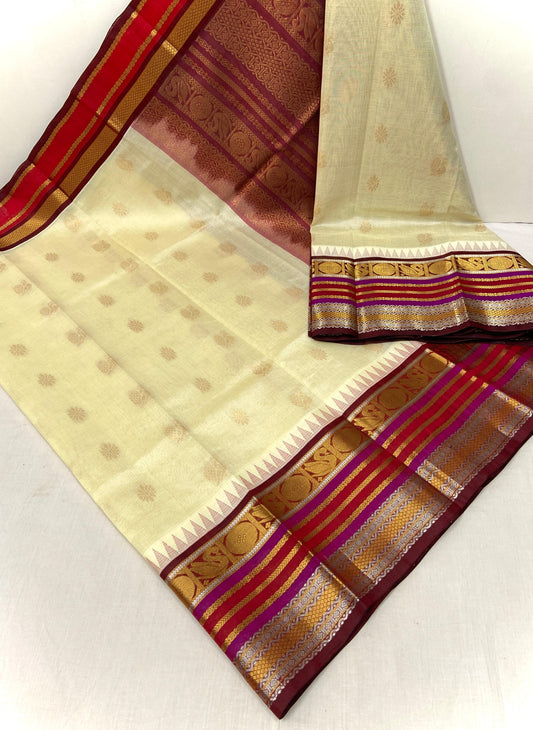 CREAM WITH MAROON TRADITIONAL KUPPADAM HANDLOOM KANCHIPURAM SILK COTTON (KSC49)