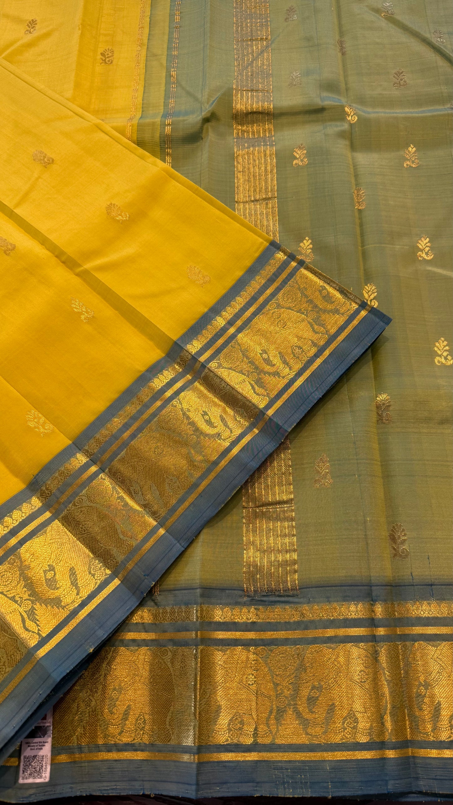 LEMON YELLOW PASTEL TEAL BLUE WITH ELEPHANT BORDER PURE HANDLOOM KANCHIPURAM SINGLE SIDE BORDER SILK SAREE (KSS40)