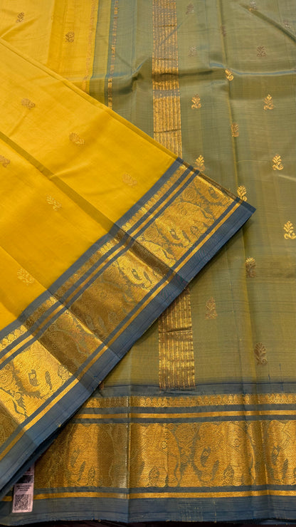 LEMON YELLOW PASTEL TEAL BLUE WITH ELEPHANT BORDER PURE HANDLOOM KANCHIPURAM SINGLE SIDE BORDER SILK SAREE (KSS40)