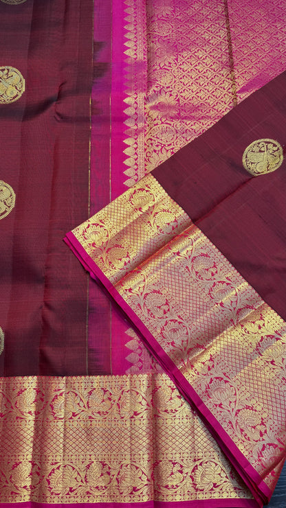 MAROON WITH CONTRAST PINK GOLD ZARI HANDLOOM KANICHIPURAM SILK SAREE (KSS376)