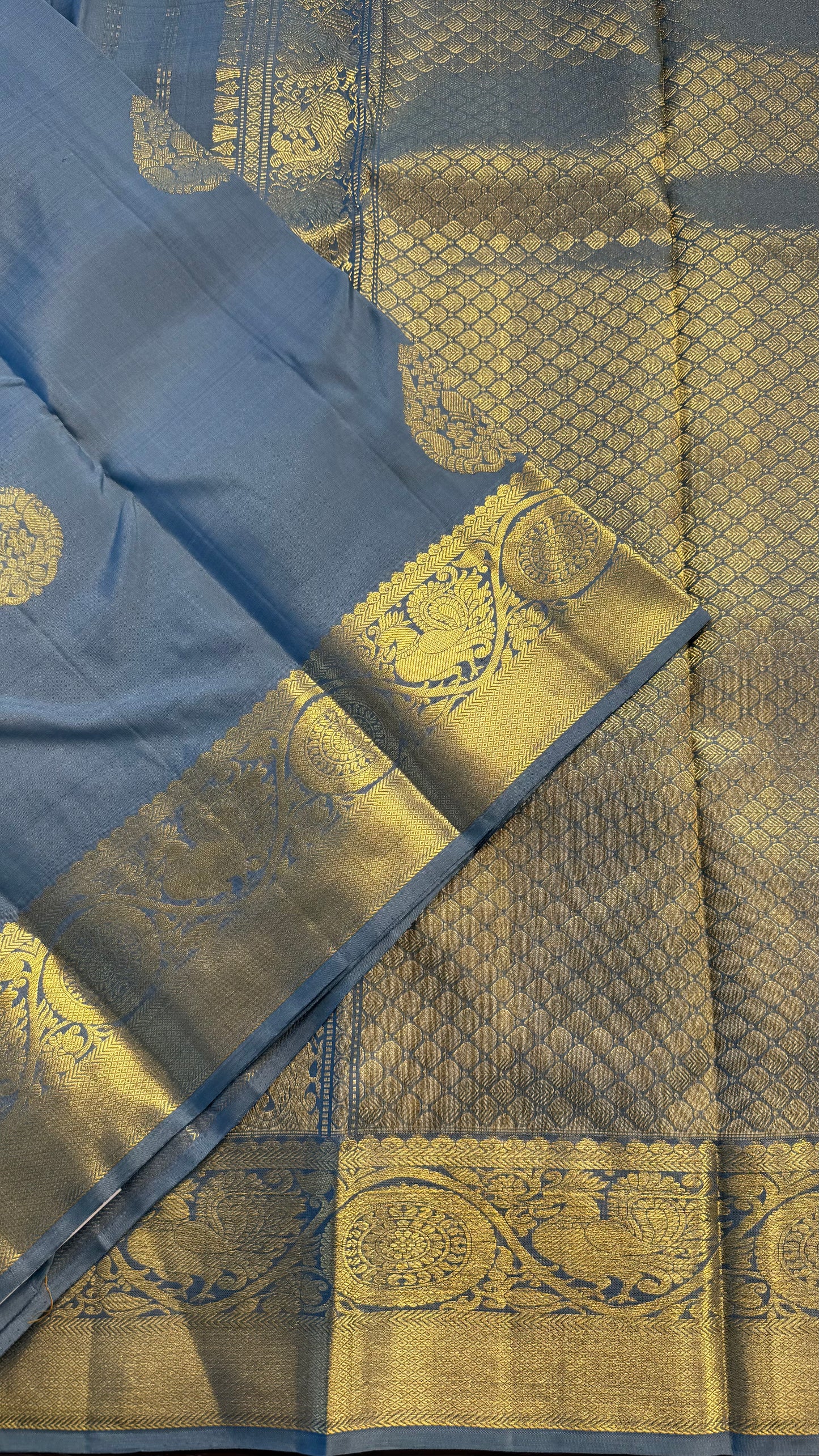 SATIN SOFT BLUE GOLD ZARI HANDLOOM KANCHIPURAM SILK SAREE (KSS355)