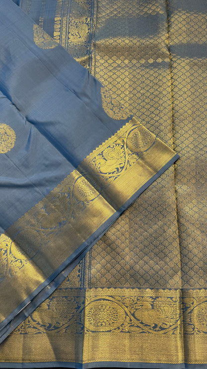 SATIN SOFT BLUE GOLD ZARI HANDLOOM KANCHIPURAM SILK SAREE (KSS355)