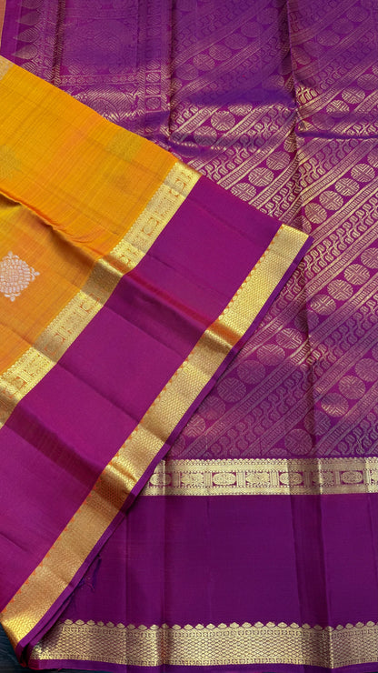 MANGO YELLOW WITH CONTRAST MAGENTA GOLD ZARI HANDLOOM KANCHIPURAM SILK SAREE (KSS434)