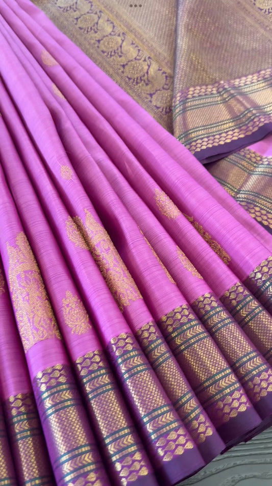 PINK WITH CONTRAST PURPLE GOLD ZARI HANDLOOM KANICHIPURAM SILK SAREE (KSS155)