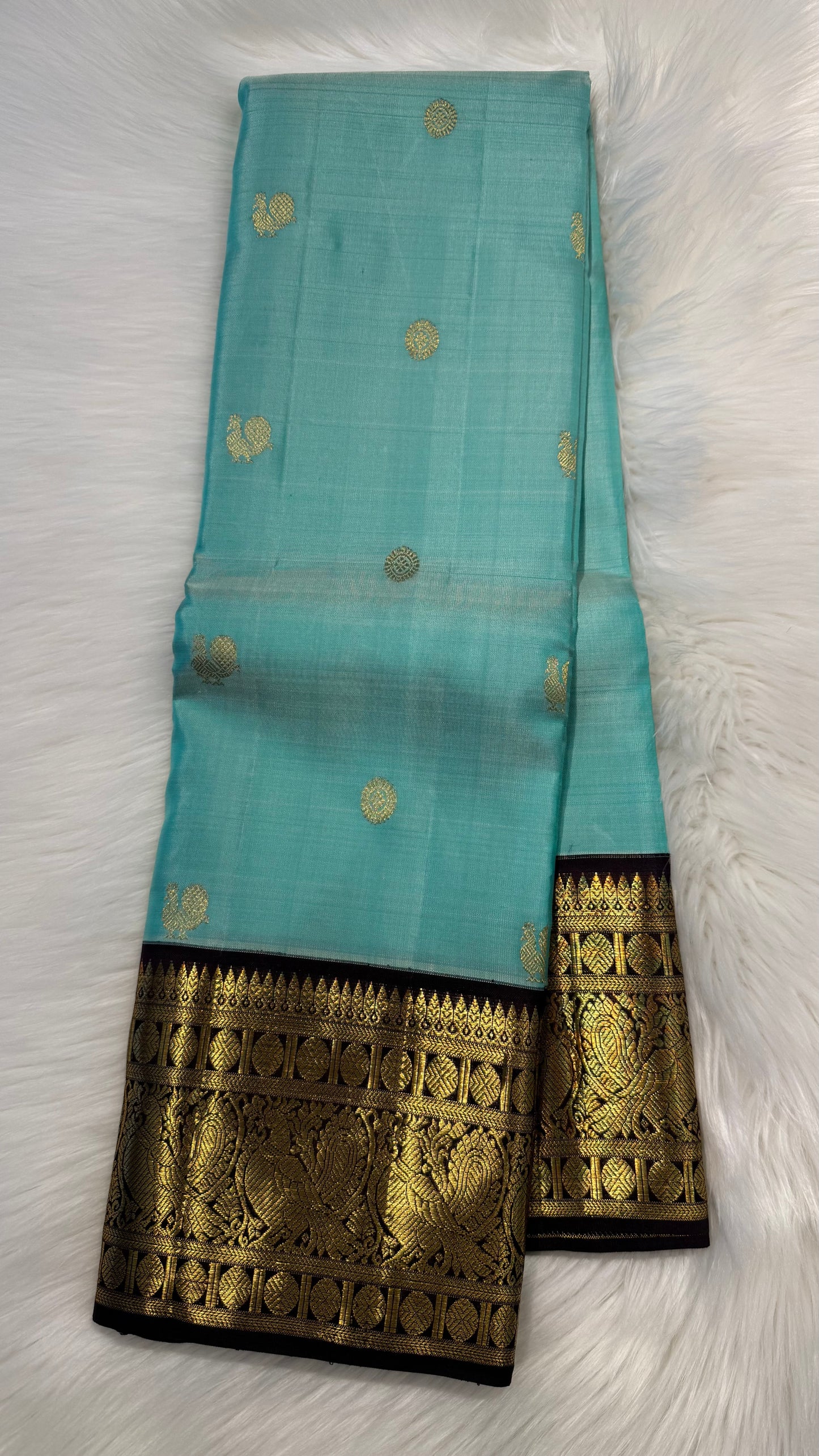 MINT GREEN WITH CONTRAST DARK BROWN BORDER PURE HANDLOOM KANCHIPURAM SILK SAREE (KSS491)