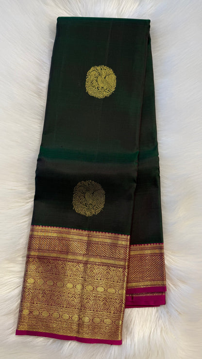 DUAL TONE GREEN WITH CONTRAST MAGENTA GOLD ZARI HANDLOOM KANCHIPURAM SILK SAREE (KSS386)