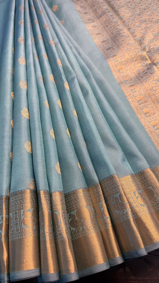 DENIM BLUE GOLD ZARI HANDLOOM KANCHIPURAM SILK SAREE (KSS451)