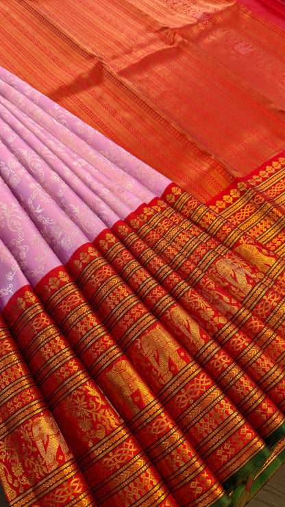BRIDAL PASTEL LILAC PURPLE GOLD & SILVER ZARI HANDLOOM KANICHIPURAM SILK SAREE (KSS97)