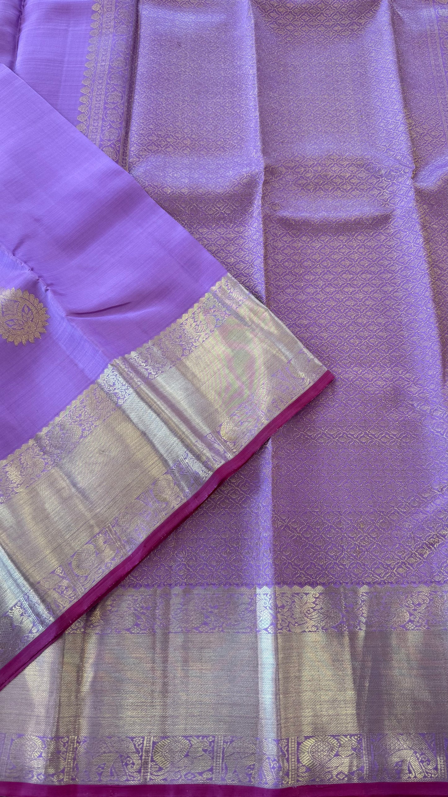 LILAC WITH CONTRAST PINK GOLD ZARI HANDLOOM KANICHIPURAM SILK SAREE (KSS206)