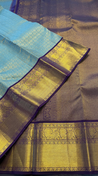 PASTEL MINT GREEN WITH CONTRAST PURPLE GOLD ZARI HANDLOOM KANICHIPURAM SILK SAREE (KSS53)