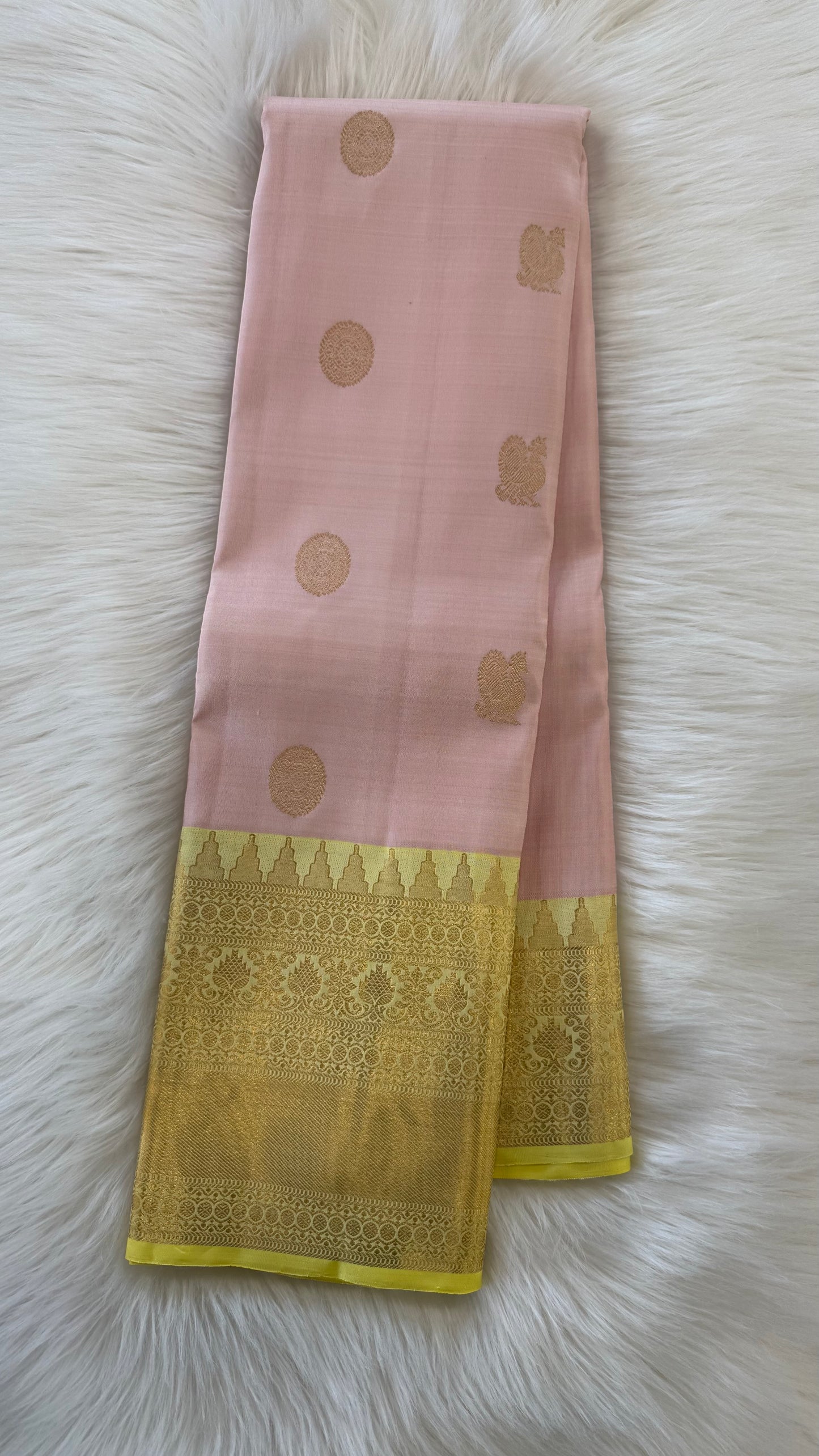 PASTEL PINK WITH CONTRAST LEMON YELLOW GOLD ZARI HANDLOOM KANICHIPURAM SILK SAREE (KSS267)