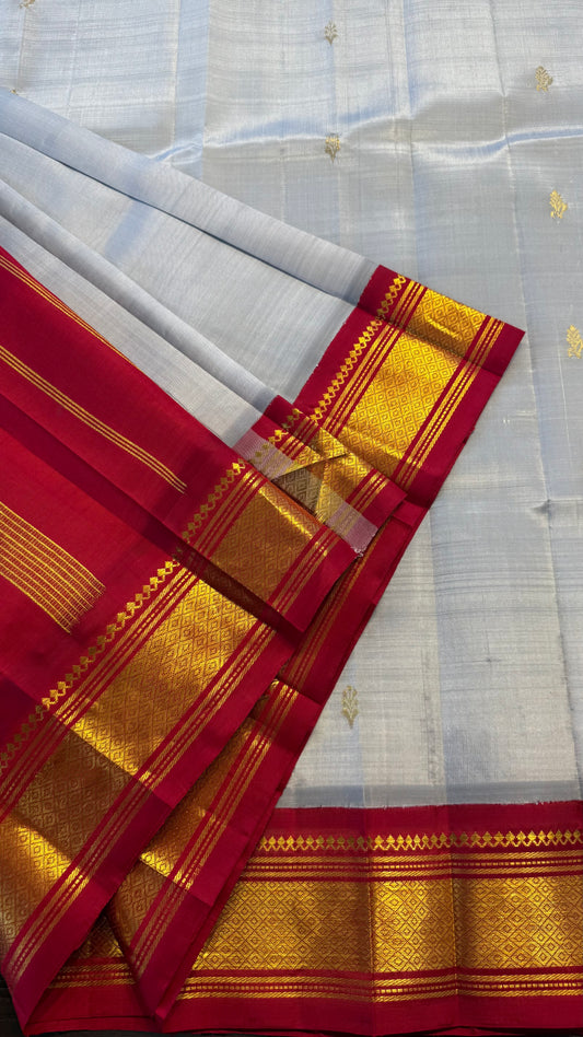WHITE  WITH CONTRAST RED PURE HANDLOOM KANCHIPURAM SINGLE SIDE BORDER SILK SAREE (KSSB09)