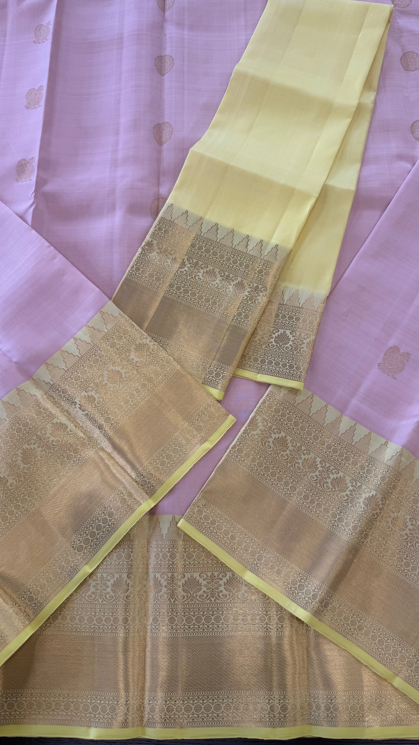 PASTEL PINK WITH CONTRAST LEMON YELLOW GOLD ZARI HANDLOOM KANICHIPURAM SILK SAREE (KSS267)