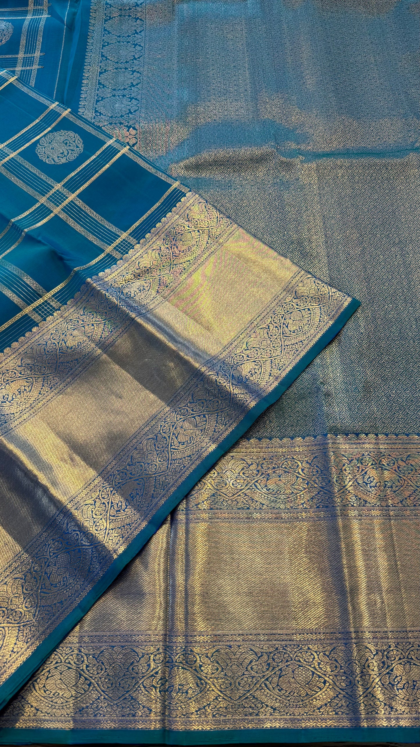 DUAL TONE PEACOCK BLUE GOLD ZARI HANDLOOM KANCHIPURAM SILK SAREE (KSS486)