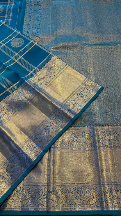 DUAL TONE PEACOCK BLUE GOLD ZARI HANDLOOM KANCHIPURAM SILK SAREE (KSS486)