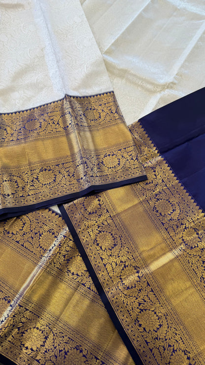 BRIDAL WHITE SILVER ZARI WITH CONTRAST INDIGO HANDLOOM KANICHIPURAM SILK SAREE (KSS136)