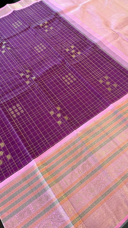 PLUM PURPLE CHECKED WITH CONTRAST PINK GOLD ZARI HANDLOOM KANICHIPURAM SILK SAREE (KSS282)