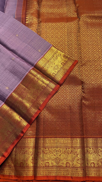 ONION PINK CHECKED WITH ORANGE GOLD ZARI HANDLOOM KANCHIPURAM SILK SAREE (KSS418)