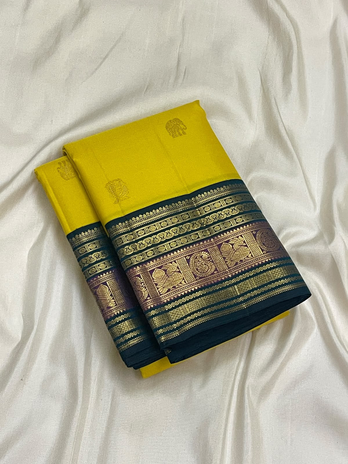 CANARY YELLOW WITH PEACOCK TEAL BLUE & PURPLE TRADITIONAL BORDER KSC 01