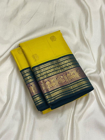 CANARY YELLOW WITH PEACOCK TEAL BLUE & PURPLE TRADITIONAL BORDER KSC 01