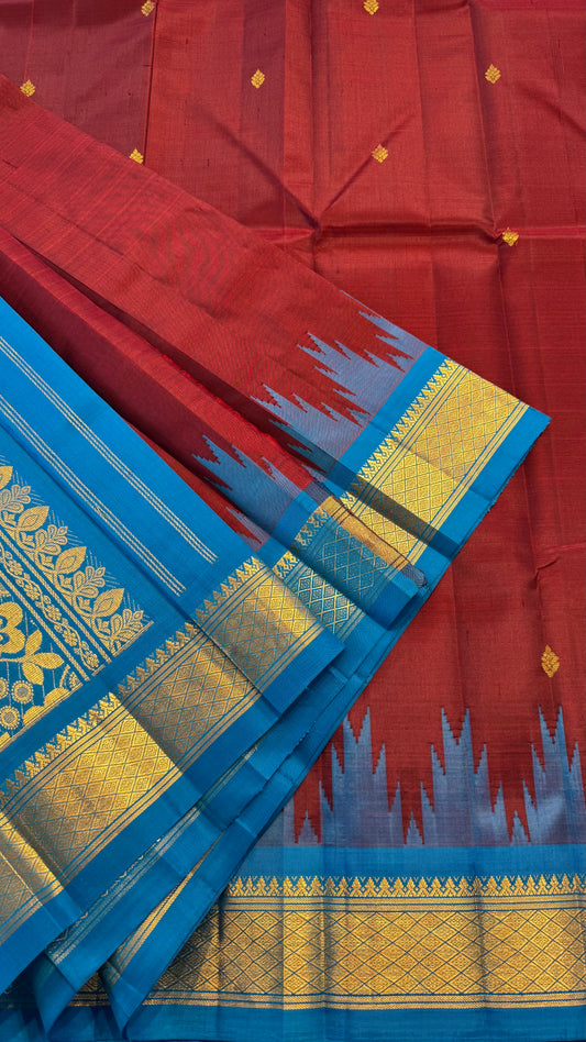 MAROON WITH CONTRAST BLUE PURE HANDLOOM KANCHIPURAM SINGLE SIDE BORDER SILK SAREE (KSSB30)