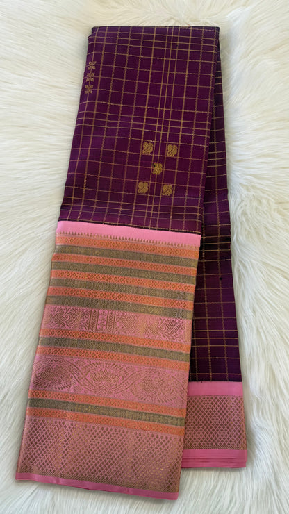 PLUM PURPLE CHECKED WITH CONTRAST PINK GOLD ZARI HANDLOOM KANICHIPURAM SILK SAREE (KSS282)