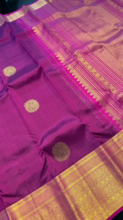 WINE PURPLE WITH CONTRAST PINK GOLD ZARI HANDLOOM KANCHIPURAM SILK SAREE (KSS365)