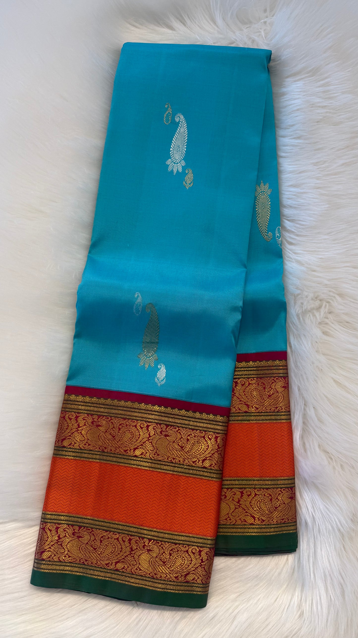 TEAL BLUE WITH CONTRAST ORANGE ZARI HANDLOOM KANCHIPURAM SILK SAREE (KSS 484)