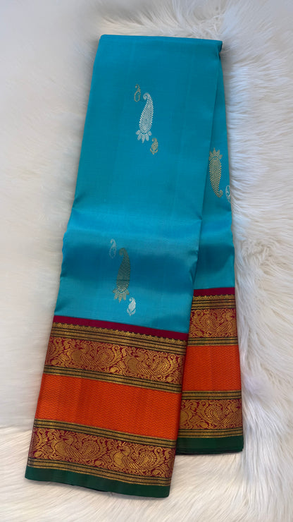 TEAL BLUE WITH CONTRAST ORANGE ZARI HANDLOOM KANCHIPURAM SILK SAREE (KSS 484)