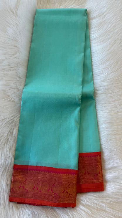 MINT GREEN WITH CONTRAST KANAKAMBARAM ORANGE HANDLOOM KANCHIPURAM SILK SAREE (KSS 497))