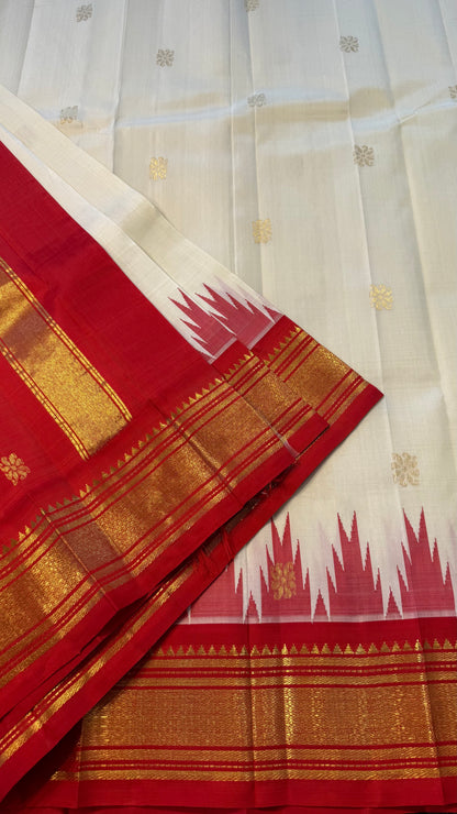 OFF WHITE CONTRAST WITH RED THALAMPOO SINGLE BORDER PURE HANDLOOM KANCHIPURAM SILK SAREE (KSSB 44)