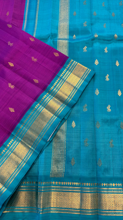 PURPLE WITH CONTRAST TEAL BLUE PURE HANDLOOM KANCHIPURAM SINGLE SIDE BORDER SILK SAREE (KSSB16)