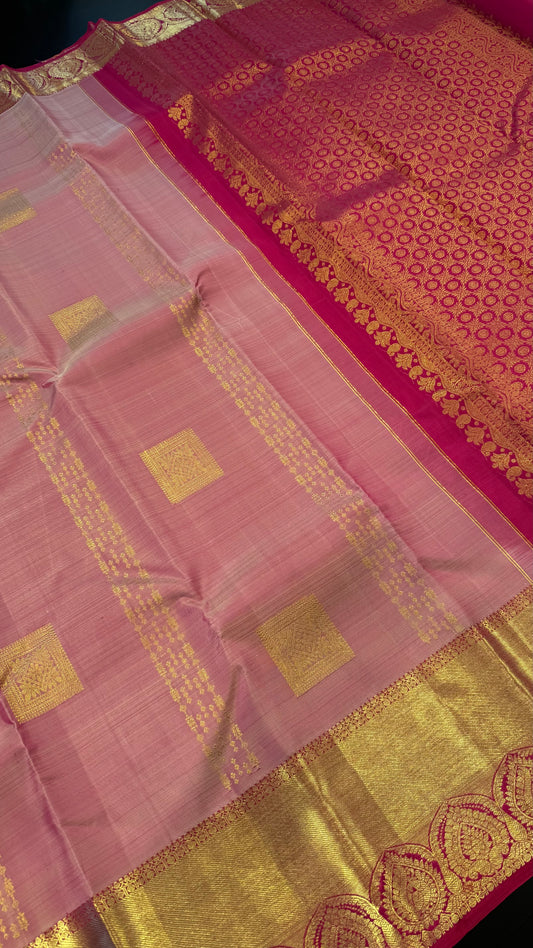 LIGHT PASTEL PINK WITH CONTRAST PINK KANCHIPURAM HANDLOOM SILK SAREE (KSS407)