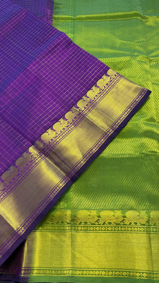 PURPLE WITH GREEN HANDLOOM KANCHIPURAM SILK COTTON