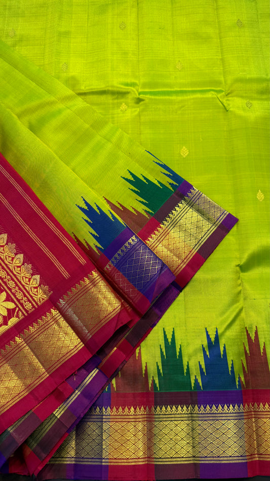 PARROT GREEN WITH CONTRAST PINK AND PURPLE BORDER PURE HANDLOOM KANCHIPURAM SINGLE SIDE BORDER SILK SAREE (KSSB33)