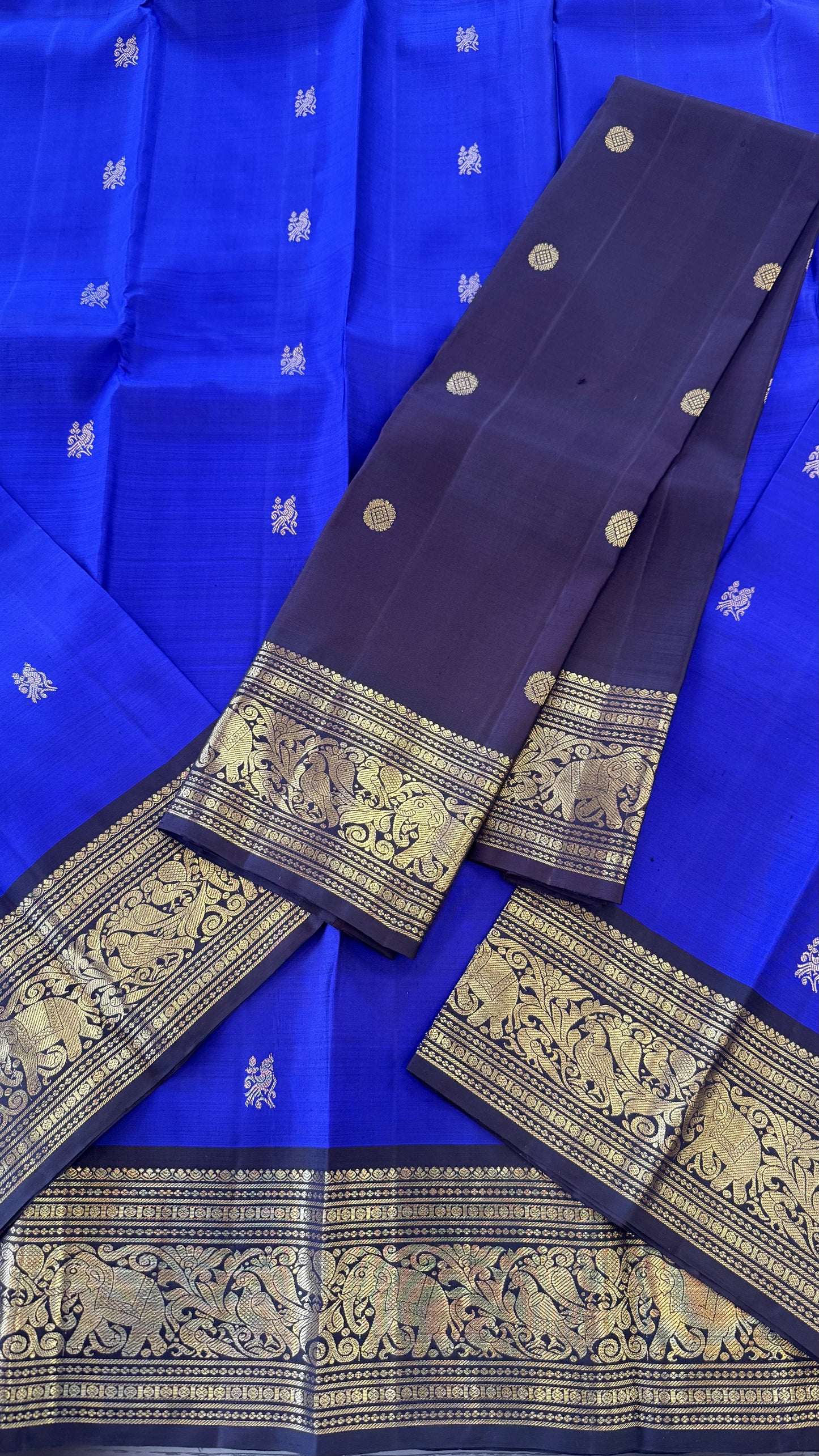SAPPHIRE BLUE WITH CONTRAST DARK BROWN GOLD ZARI HANDLOOM KANICHIPURAM SILK SAREE (KSS117)