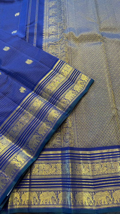 VAIRA OOSI COBALT BLUE SMALL KATTAM GOLD ZARI PURE HANDLOOM KANCHIPURAM SILK SAREE (KSS 489)