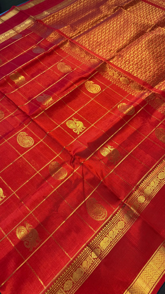CHILI RED KATTAM HANDLOOM KANCHIPURAM SILK COTTON (KSC131)