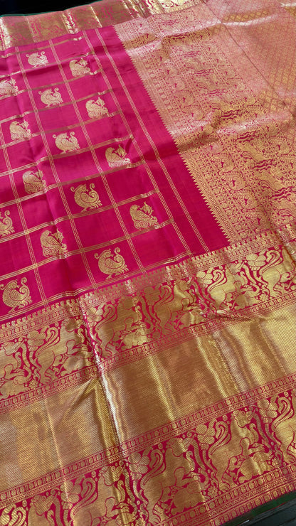 DUAL TONE PINK CHECKED GOLD ZARI HANDLOOM KANICHIPURAM SILK SAREE (KSS274)